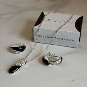 Avon Black & Clear Pavé 3-Pc Set Necklace Earrings Ring 2013 Art Deco Statement